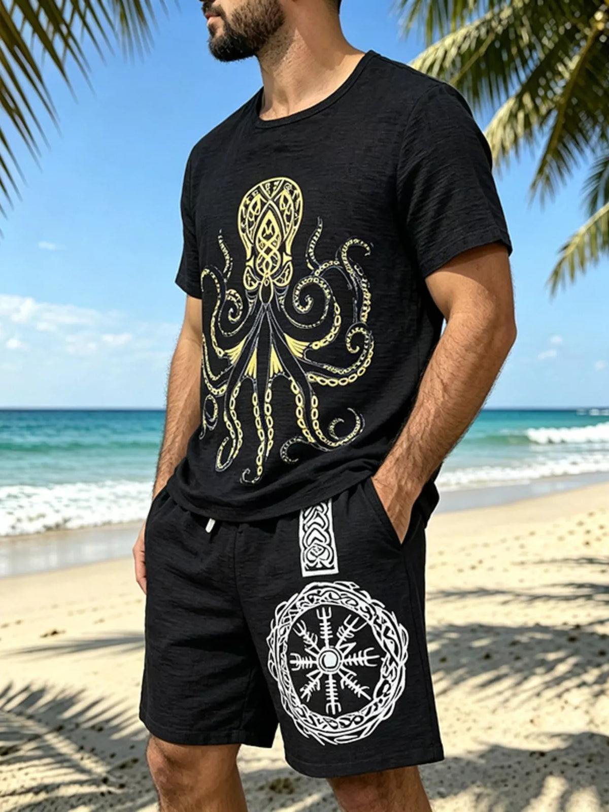 Black tee and shorts set shown at an angle, highlighting the large octopus shirt graphic.