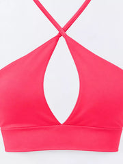 Bright pink halter crop cami displayed front with teardrop cutout