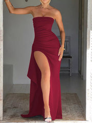 Full-length black strapless ruched maxi dress