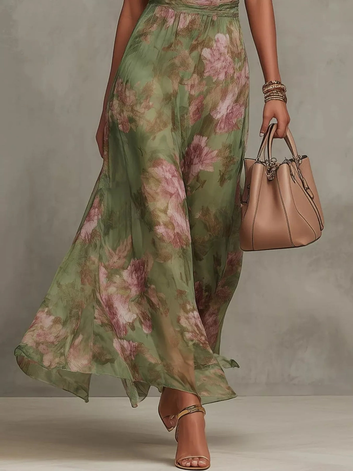 Close view of the flowing floral-print skirt and waist of the maxi dress.