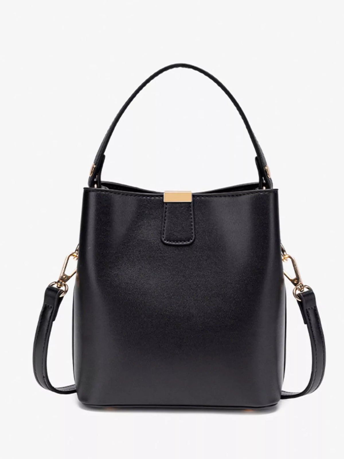 Straight-on view of the black bucket bag with the short handle, detachable strap, and gold-tone clasp.