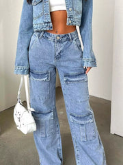 Light-wash cargo jeans shown from the front with multiple flap pockets