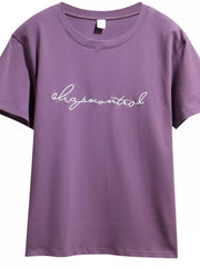 Purple T-shirt shown flat from the front with embroidered script