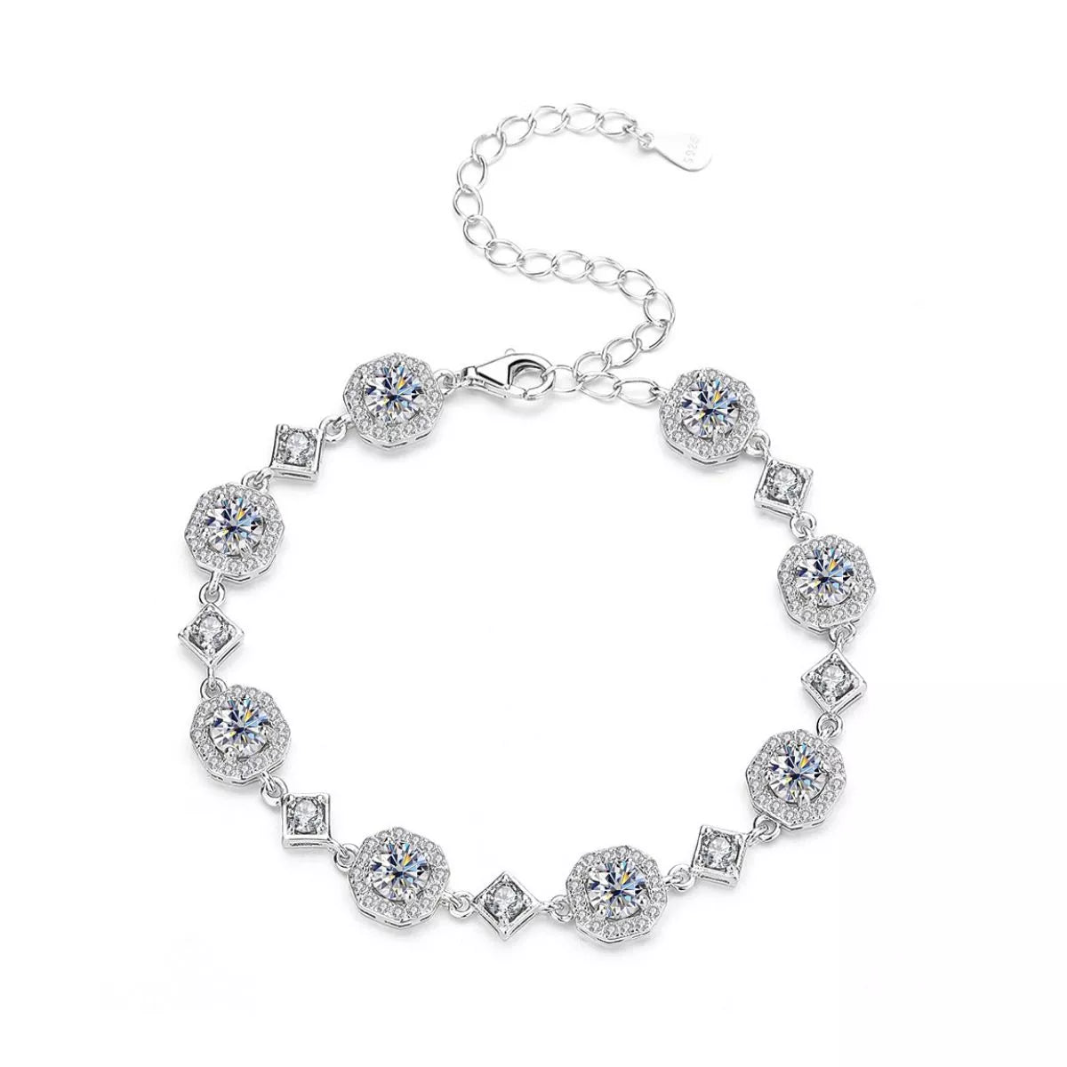 Silver-tone moissanite bracelet displayed against a white background