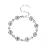 Silver-tone moissanite bracelet displayed against a white background