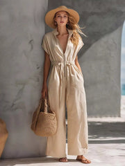 Women's zip-front wide-leg jumpsuit, ivory front view