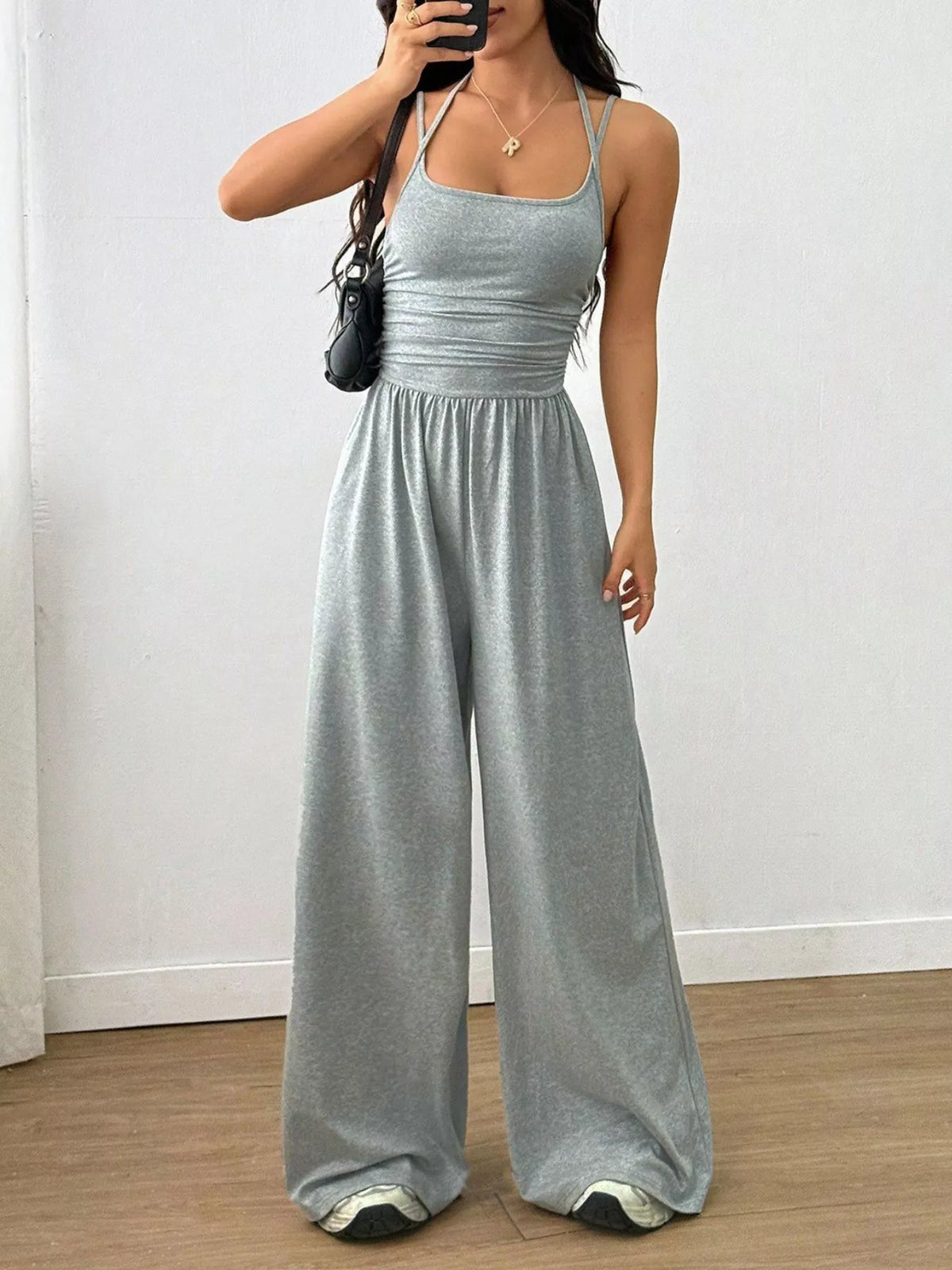 Women's spaghetti-strap wide-leg jumpsuit, light gray front view