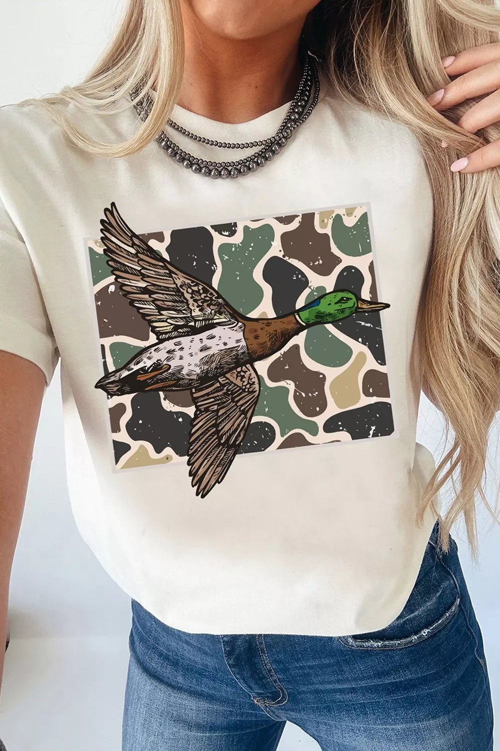 Close view of mallard duck and camouflage chest graphic