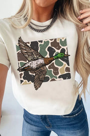 Close view of mallard duck and camouflage chest graphic