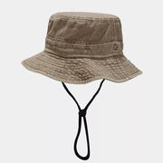 Khaki wide-brim bucket hat with stitched crown band and chin cord