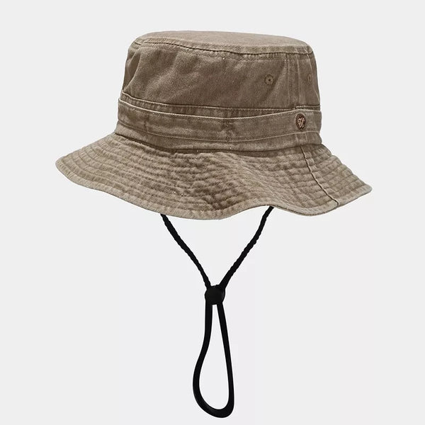 Khaki wide-brim bucket hat with stitched crown band and chin cord