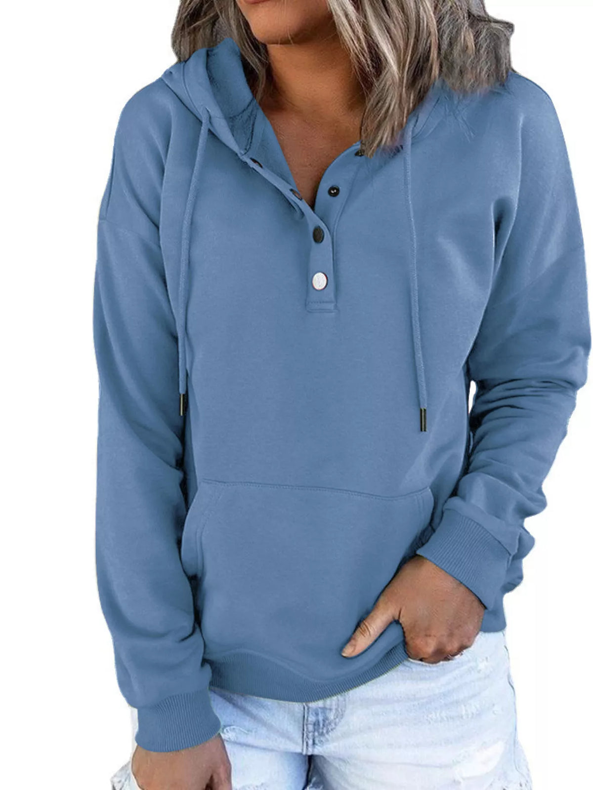 Women’s plus-size kangaroo-pocket drawstring hoodie in blue front view