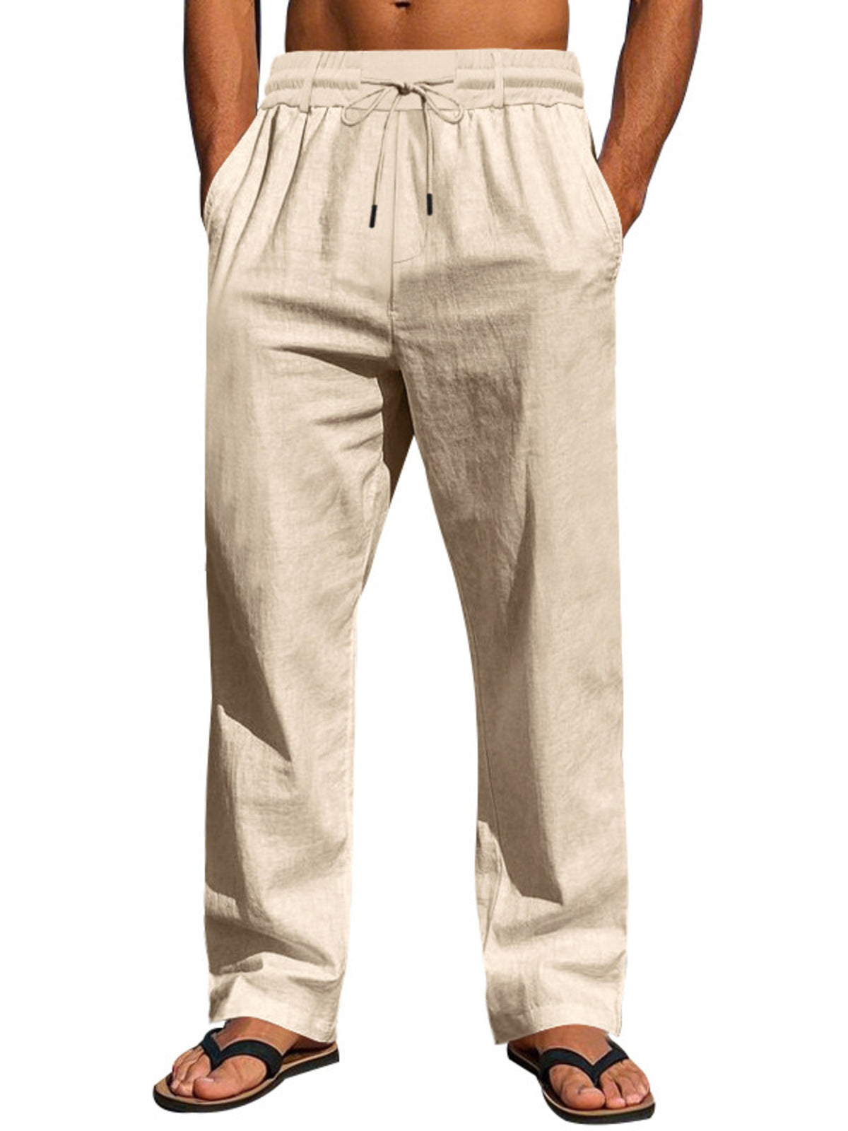 Model wearing beige pants from behind