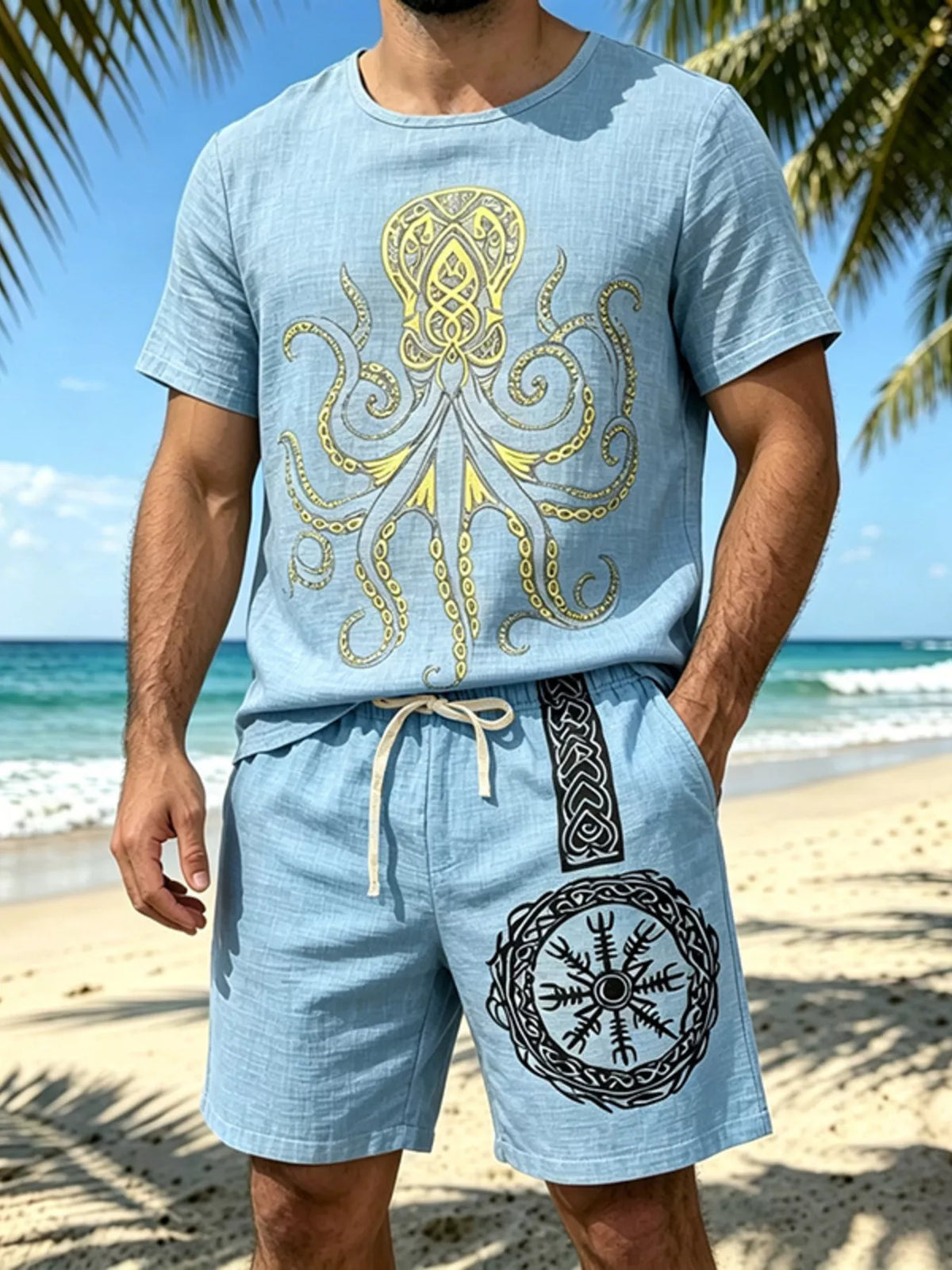Light blue tee and shorts set with a large octopus graphic and circular emblem on the shorts.