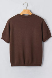 Plain back of brown short-sleeve tee displayed on a wooden hanger