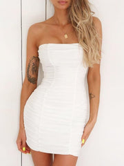 Front view of white fitted strapless bodycon mini dress