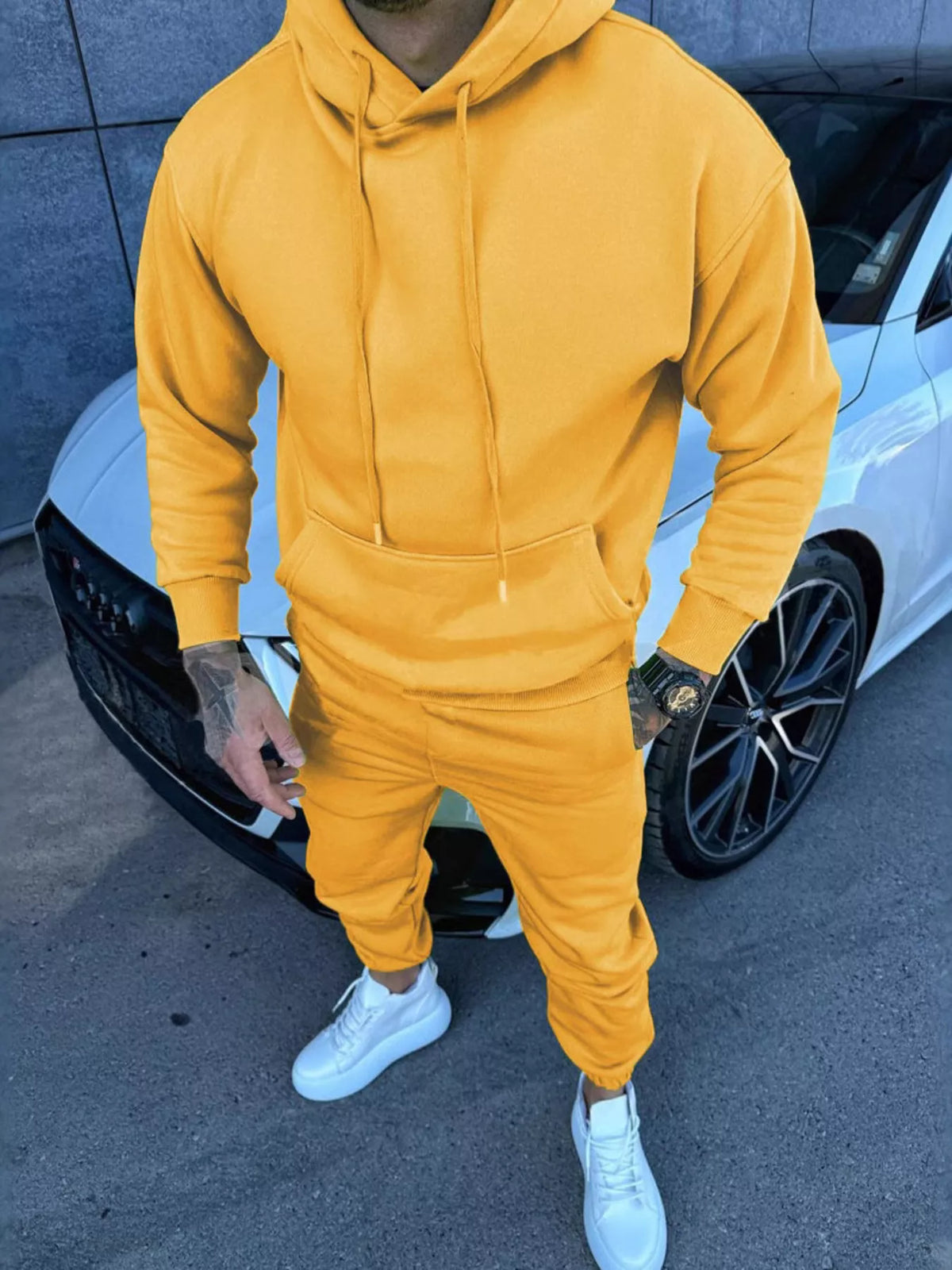 Men's hoodie and pants set with a kangaroo pocket shown from the front