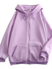 Front view of the lavender hoodie showing the full zipper and kangaroo pockets