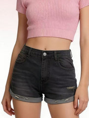 Front view of black roll-up shorts showing cuffed hems