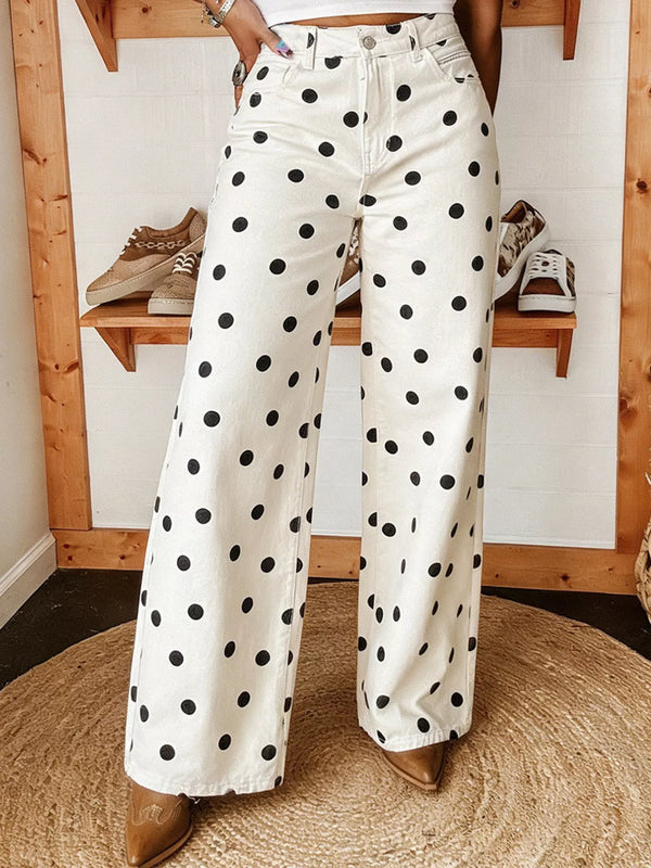 White wide-leg jeans with black polka dots