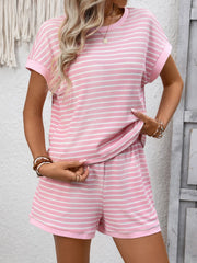 Front view of the pink-and-white striped T-shirt and shorts set.