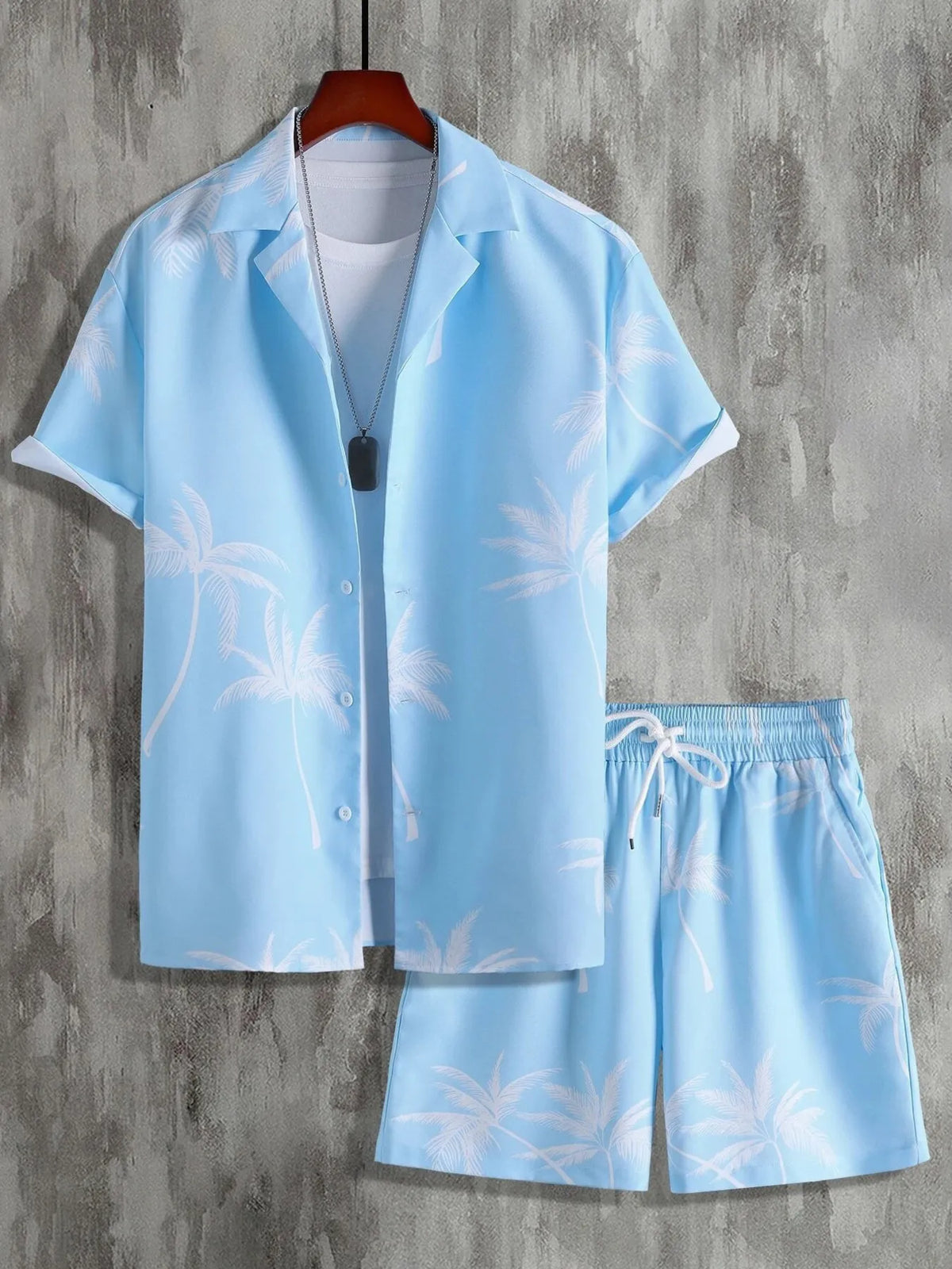 Lavender palm-print shirt and shorts set, front view