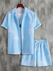 Lavender palm-print shirt and shorts set, front view