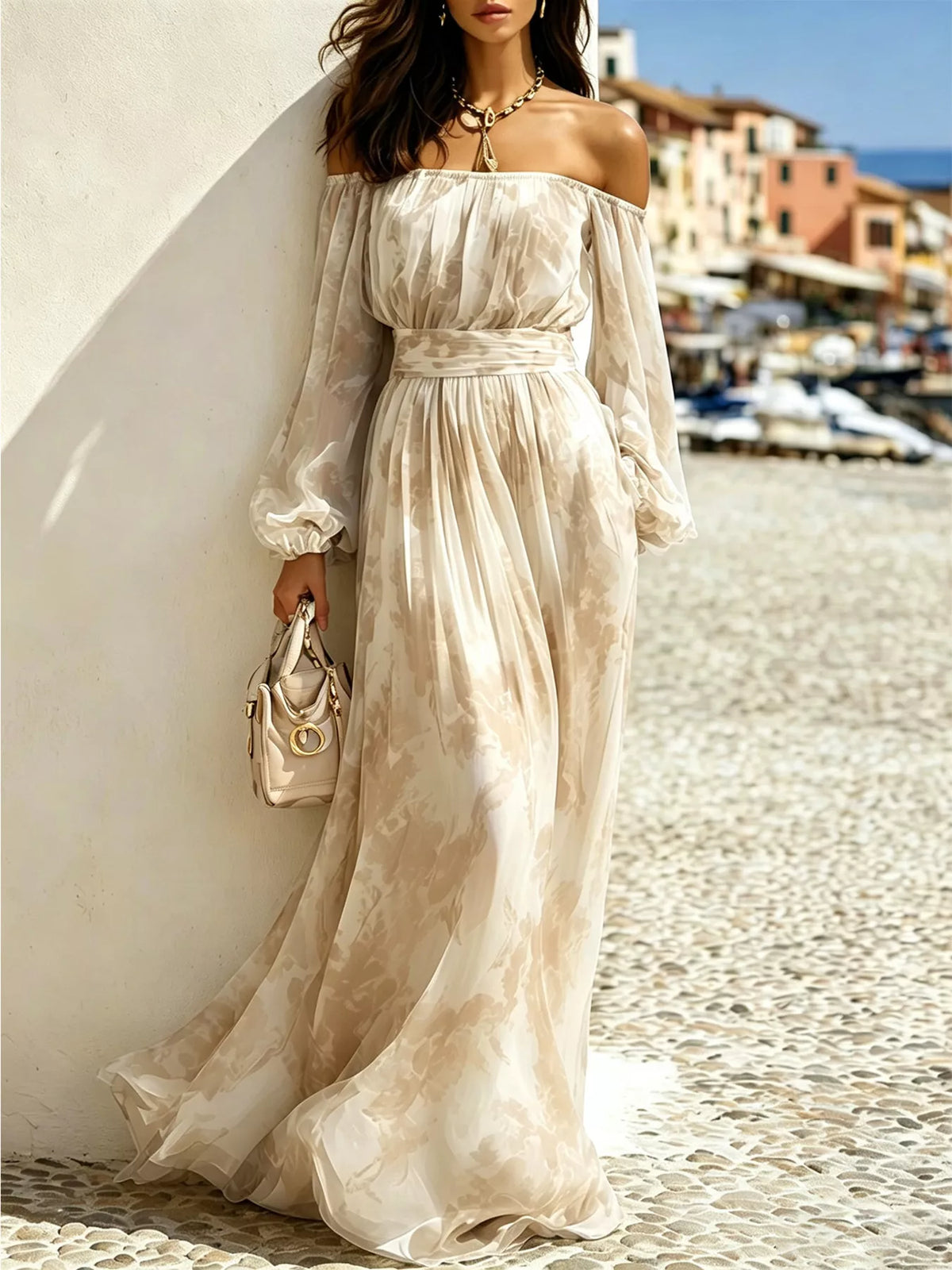 Cream patterned off-shoulder maxi dress with balloon sleeves and a gathered waist