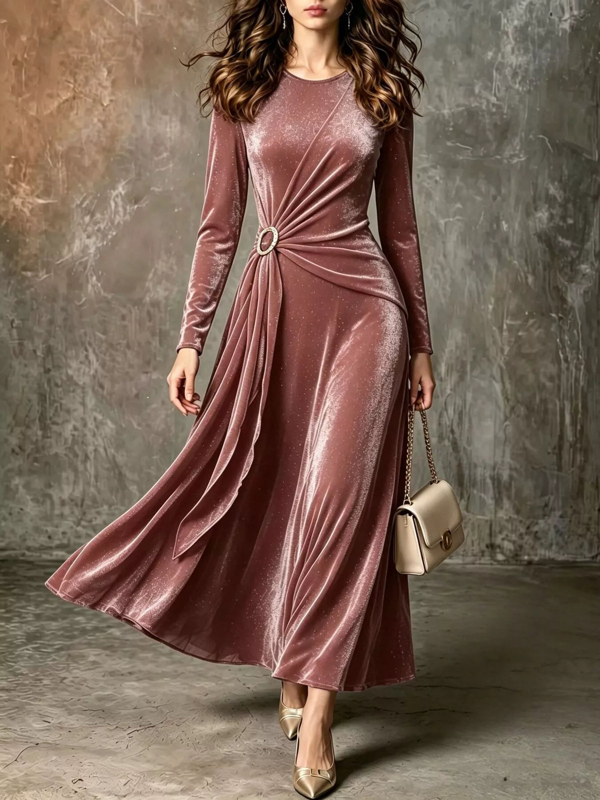 Dusty-pink velvet long-sleeve maxi dress with ruched front and ring waist accent