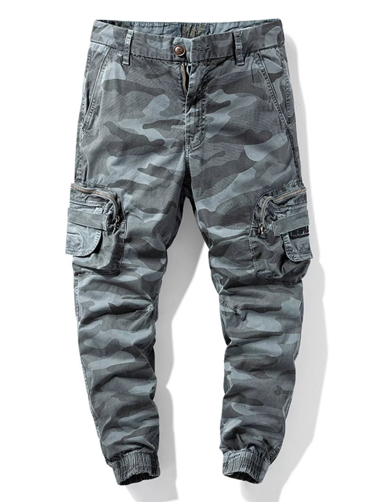 Gray camouflage cargo pants with elastic ankle cuffs and side pockets, front view