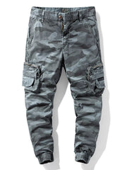 Gray camouflage cargo pants with elastic ankle cuffs and side pockets, front view