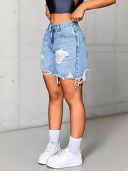 Distressed high-waist denim shorts