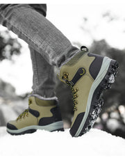 Side view of olive green lace-up boots showing black heel panels and treaded soles