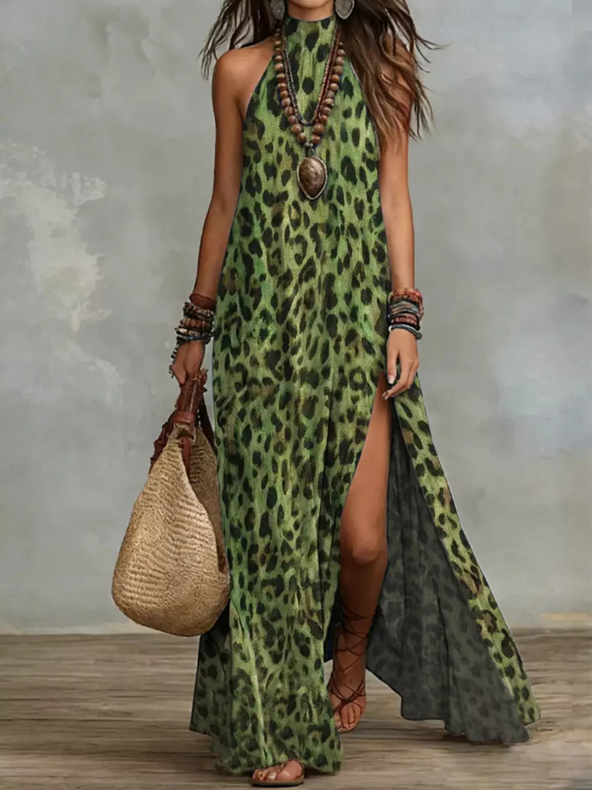 Green leopard-print halter maxi dress with a high side slit, full-length front view.