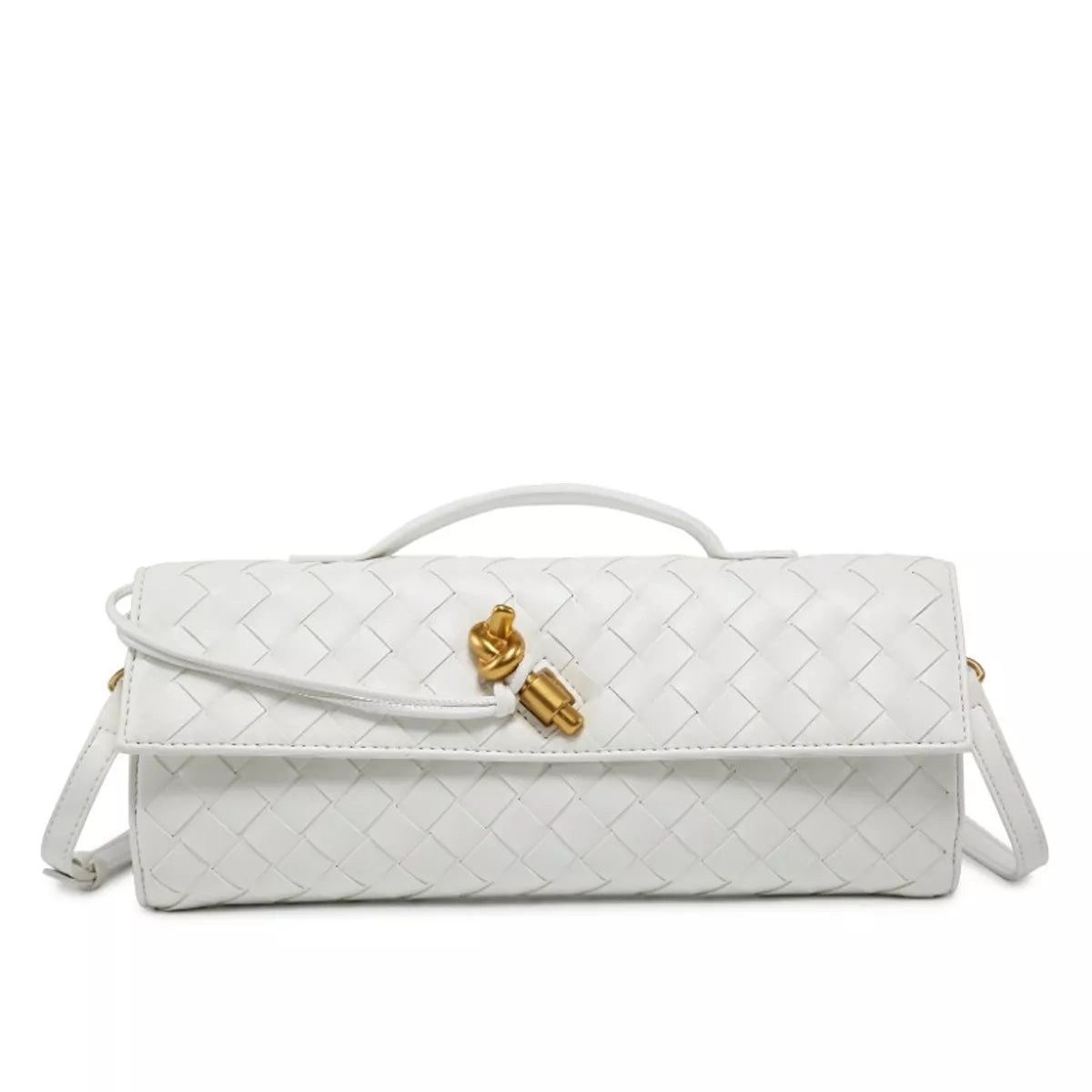 White woven flap crossbody bag with gold-tone turn-lock clasp
