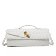 White woven flap crossbody bag with gold-tone turn-lock clasp