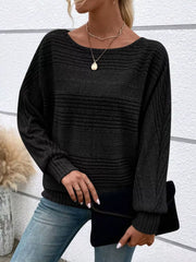 Women’s ribbed round-neck long-sleeve top in black front view