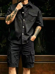 Detail view of cargo shirt chest pocket and buttons