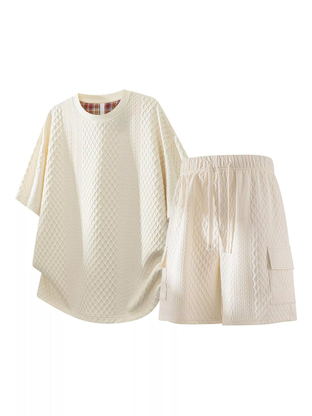 Apricot waffle-knit shirt and drawstring shorts set, front view