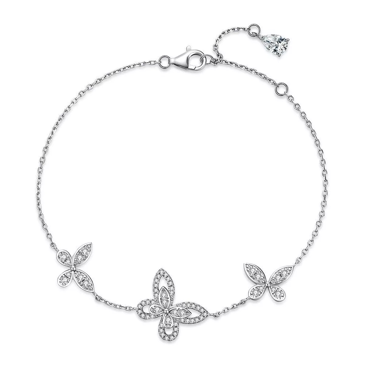 Top view of the butterfly chain bracelet with clasp and three jeweled motifs