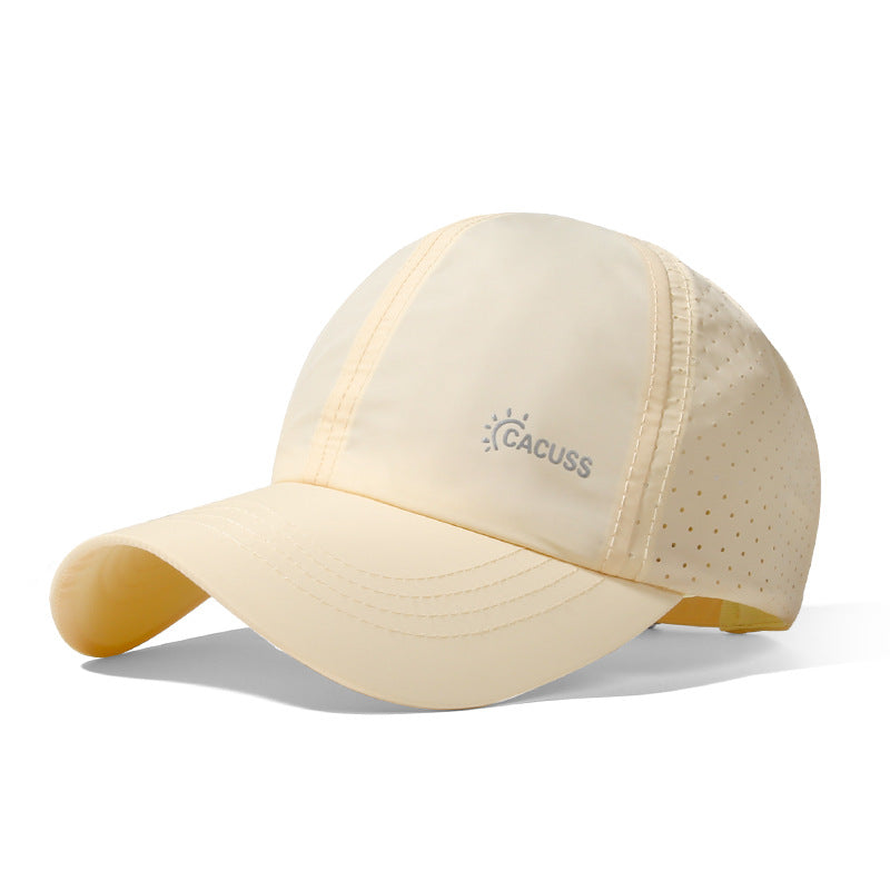 Beige breathable cap with perforated side panels and curved brim