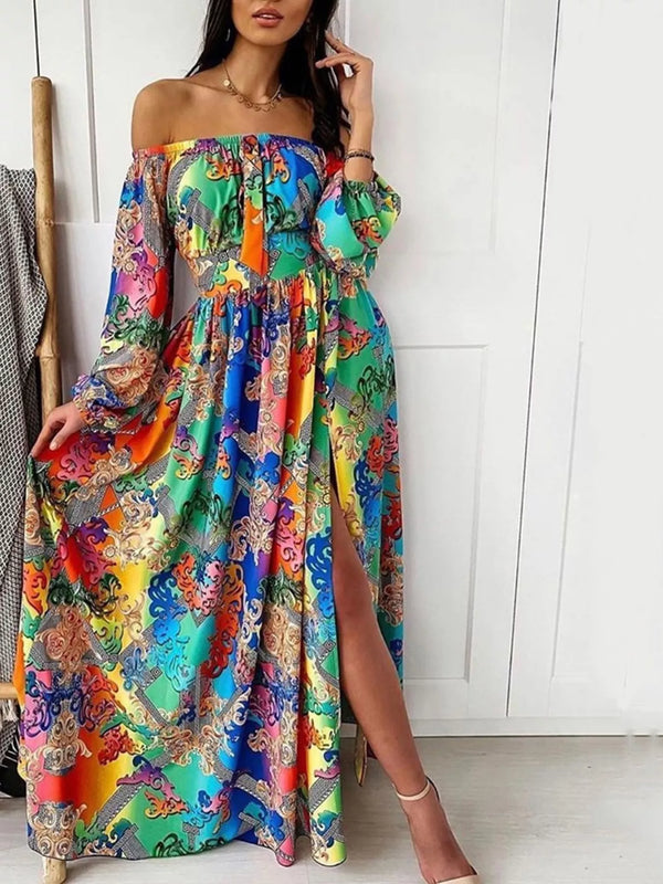 Full-length view of the colorful blue multicolor off-shoulder maxi dress with a thigh-high slit.