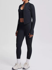 Front view showing fit of tank & zip-up jacket and leggings three-piece active set