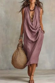 Mauve sleeveless midi dress with draped neckline and side pockets, front view