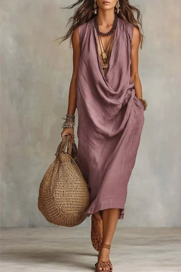 Mauve sleeveless midi dress with draped neckline and side pockets, front view