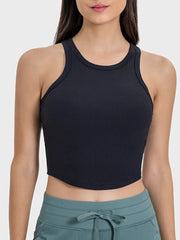 Black round-neck racerback tank top shown from the front