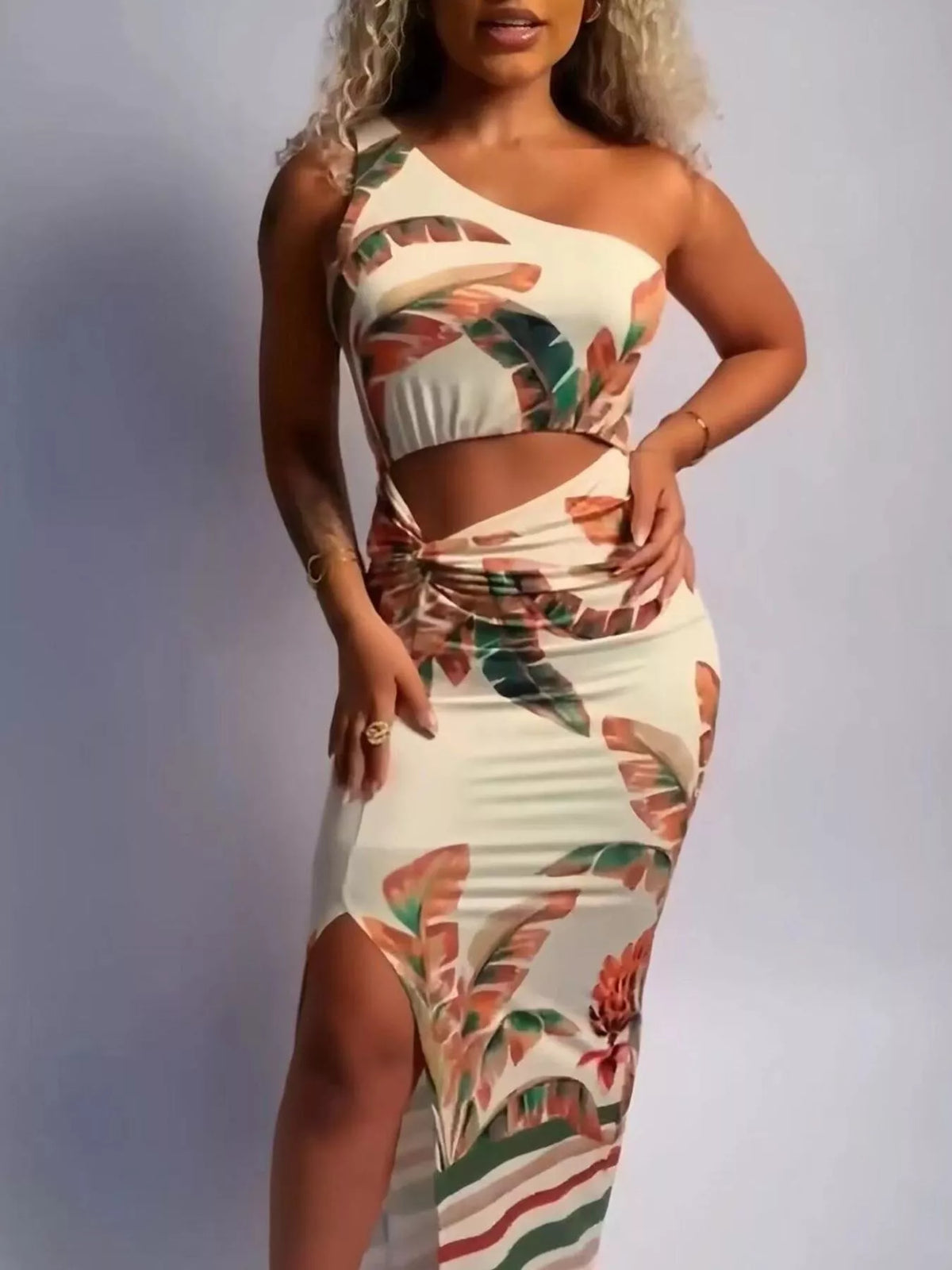 Tropical leaf print dress, alternate front view