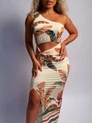 Tropical leaf print dress, alternate front view
