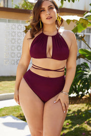 Front view of burgundy keyhole halter bikini and matching high-waisted bottoms