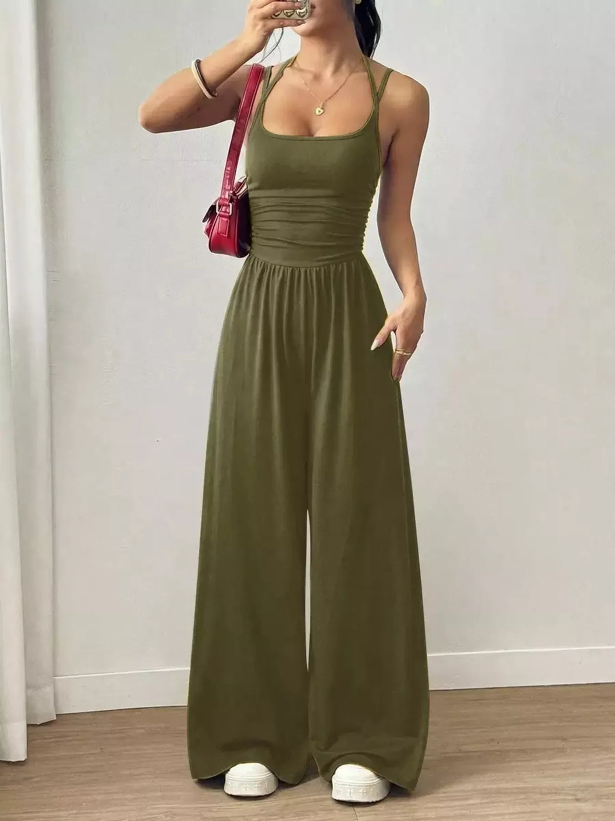 Women's spaghetti-strap wide-leg jumpsuit, olive front view